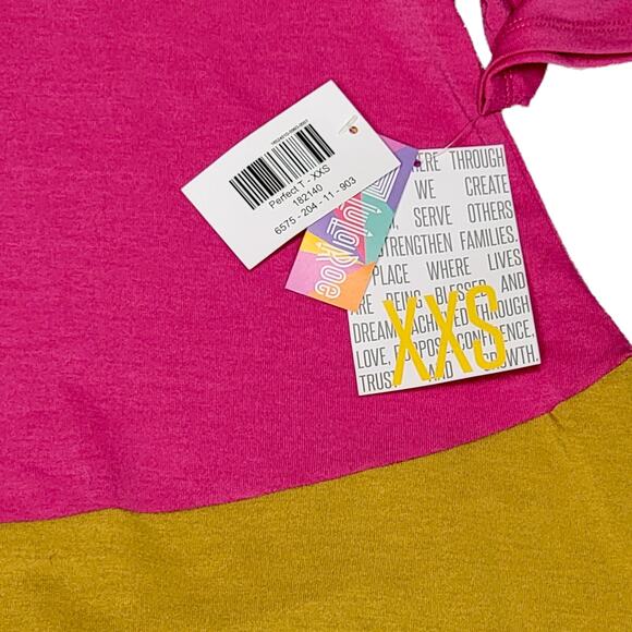 LuLaRoe Perfect T XXS Color Block Hot Pink Yellow Navy Blue Swing Tunic Tee Top - Picture 2 of 8